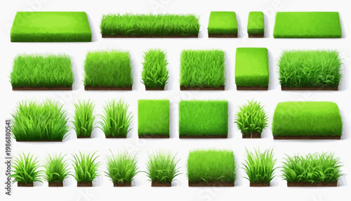 Lush green grass patches vector set, isolated on white background.
 