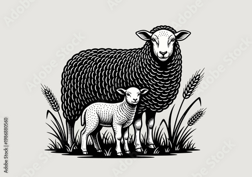Vintage Woodcut Style Illustration of a Sheep and Lamb in a Pastoral Field with Wheat