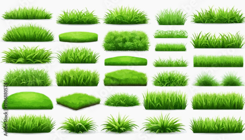 Lush green grass patches vector set, isolated on white background.
 
