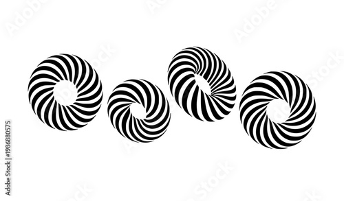 Striped 3D donut shapes black vector abstract illusion geometric modern design elements set