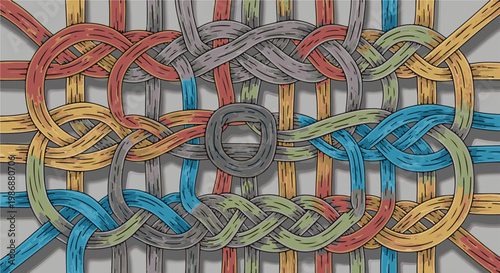 Intertwined colorful strands forming an intricate knot pattern