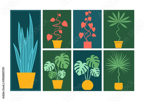 Minimalist Houseplant Vector Illustration Set, Mid-Century Modern Botanical Art Collection with Monstera, Snake Plant, and Decorative Vines