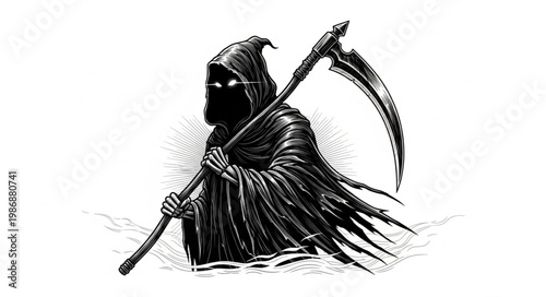 Hooded Grim Reaper Figure Holding Large Scythe.