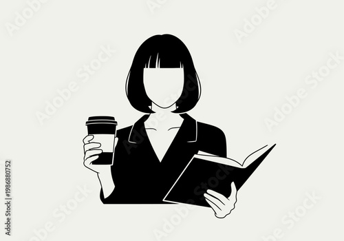 Minimalist Vector Illustration of a Woman Reading a Book and Holding a Coffee Cup, Faceless Female Character Design for Modern Lifestyle and Education