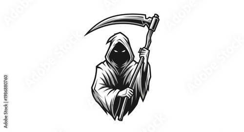 Hooded Grim Reaper Figure Holding Curved Scythe.