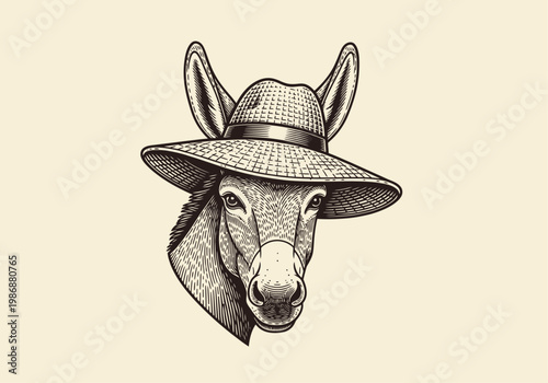 Vintage Woodcut Illustration of a Donkey Wearing a Straw Hat, Hand-Drawn Rustic Burro Portrait in Etching Style for Farm and Rural Branding