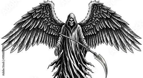 Hooded winged grim reaper holding a scythe.