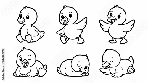 Cute Duck Characters Line Art Set Adorable Baby Ducks in Playful Poses
