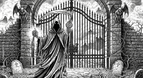 Hooded cloaked figure standing before iron gate.