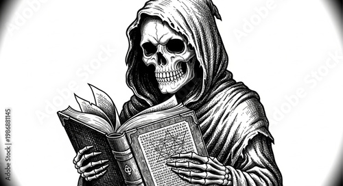 Hooded Skeleton Reading Ancient Book Illustration.