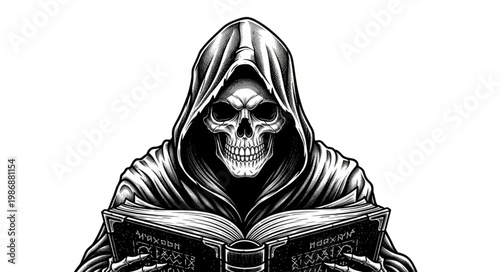 Hooded Skeletal Reaper Reading Ancient Book.