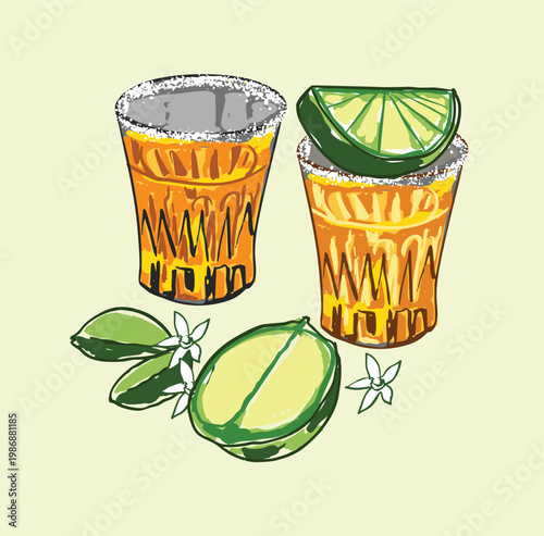 Tequila Shot Glasses with Salt Rim Amber Cocktail Drink Set