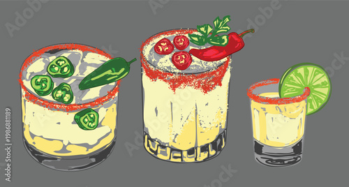 Mexican Spicy Margarita Cocktail Set with Lime and Chili
