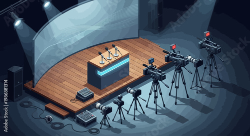 Professional news studio with video cameras and microphones on a press conference stage.