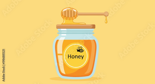 Flat illustration of a honey jar with a wooden dipper on a yellow background