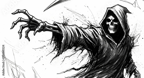 Hooded Skeletal Reaper Reaching With Outstretched Hand.