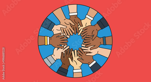 Illustration of a diverse team joining hands in a circle representing unity and collaboration.