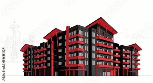 Modern apartment building with red accents against a cityscape