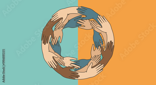 Diverse hands forming a circle together.