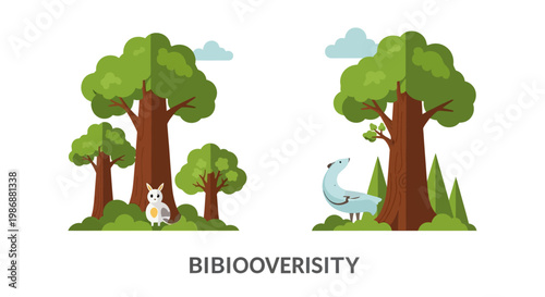 Flat vector illustration of forest biodiversity with animals and trees