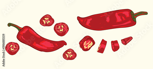 Red Jalapeño Set with Whole and Sliced Chili Pepper Composition