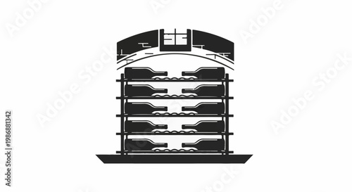 Interior view of a wine rack filled with bottles under an arched ceiling