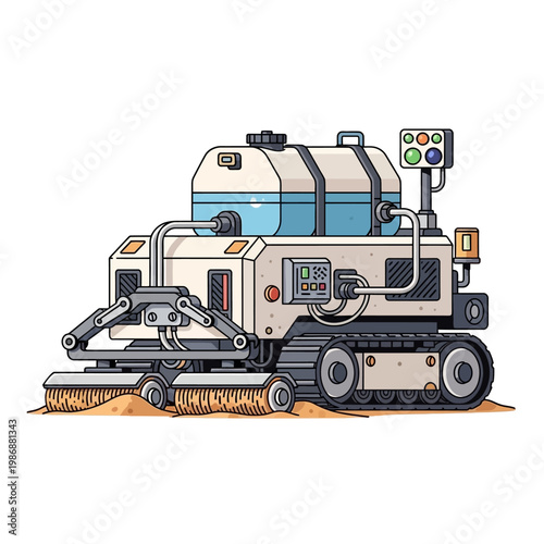Automated Robotic Sweeper Machine with Rotating Brushes on Sandy Ground