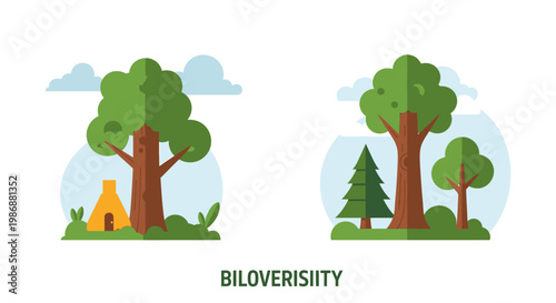 Flat vector illustration set of forest trees and a camping tent in nature.