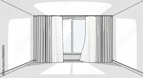 Interior view of a room with large window and floor-to-ceiling curtains