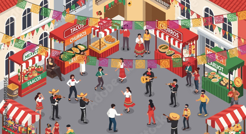Isometric illustration of a vibrant Mexican street festival with mariachi music and food stalls