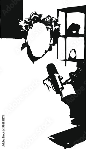 A singer performing into a microphone framed by a window and shadows