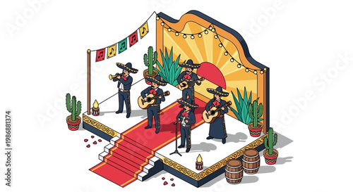 Isometric illustration of a Mexican mariachi band performing on a festive stage.