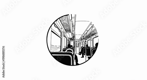 Interior view of a passenger train carriage with seated figures