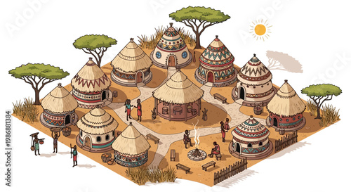 Isometric illustration of a traditional African village with tribal huts in the savanna