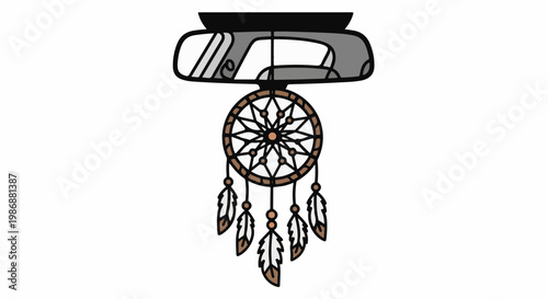 Interior rearview mirror with a hanging dreamcatcher, feathers, beads