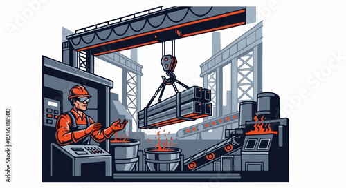 Industrial worker in a factory supervises molten metal and metal beams