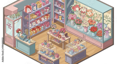 Isometric illustration of a gift shop interior decorated for Mother's Day