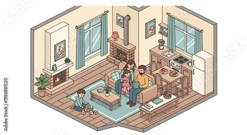 Family spending time together in a cozy isometric living room.