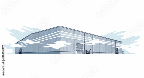 Industrial warehouse structure with corrugated siding and clouds