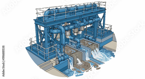 Industrial water filtration system with complex piping and treatment basins