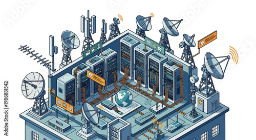 Isometric illustration of a global telecommunication network and data center on a rooftop.