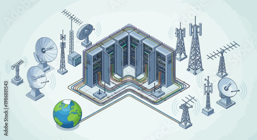 Global network infrastructure with data center and communication towers.