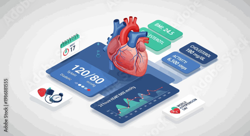 Isometric medical illustration showing heart health tracking and blood pressure monitoring