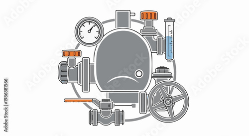 Industrial system diagram of a central heating boiler with gauges