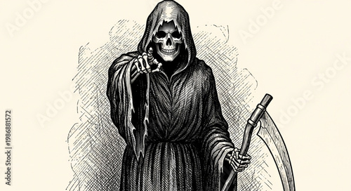 Hooded Skeletal Reaper Holding Large Scythe Illustration.