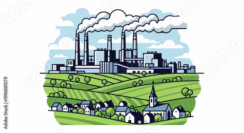 Industrial smokestacks loom over a serene village and rolling green hills