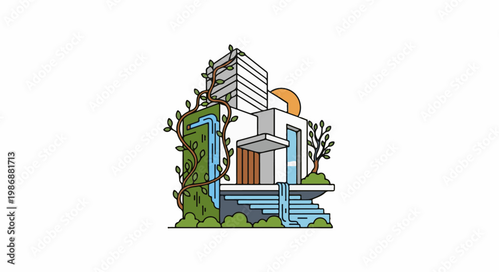 Naklejka premium Modern architecture integrated with nature, featuring waterfalls and greenery