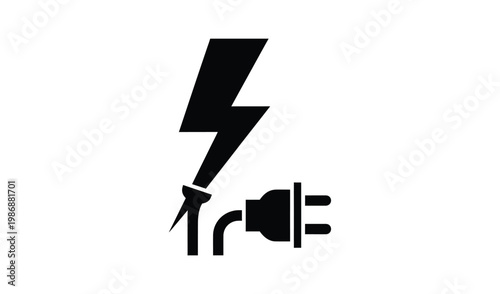 Black and white icon of a lightning bolt striking a wall socket, symbolizing electrical energy and power in a minimalist design.