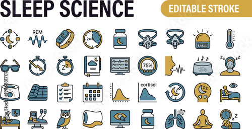 A professional two-tone line icon set featuring 30 sleep science and rest wellness icons. Includes sleep cycle moon graph, REM deep sleep wave, sleep tracker wristband, circadian rhythm clock, melaton