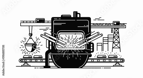 Industrial foundry scene with molten metal processing and conveyor belt